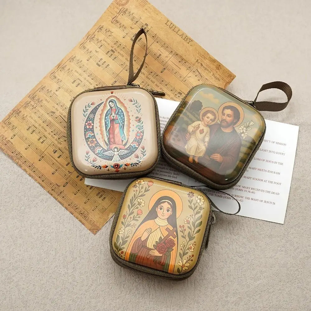 Portable Virgin Mary Prayer Rosary Storage Bag 7x7cm Zippered Religious Articles Cartoon Elegant Prayer Kit Devotees