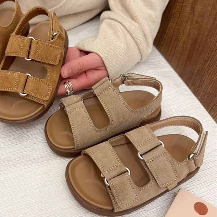 2026 Spring Summer New Fashion Boys Girls Sandal Simple Solid Color Children's Suede Outdoors Non-slip Open Toe Beach Sandals