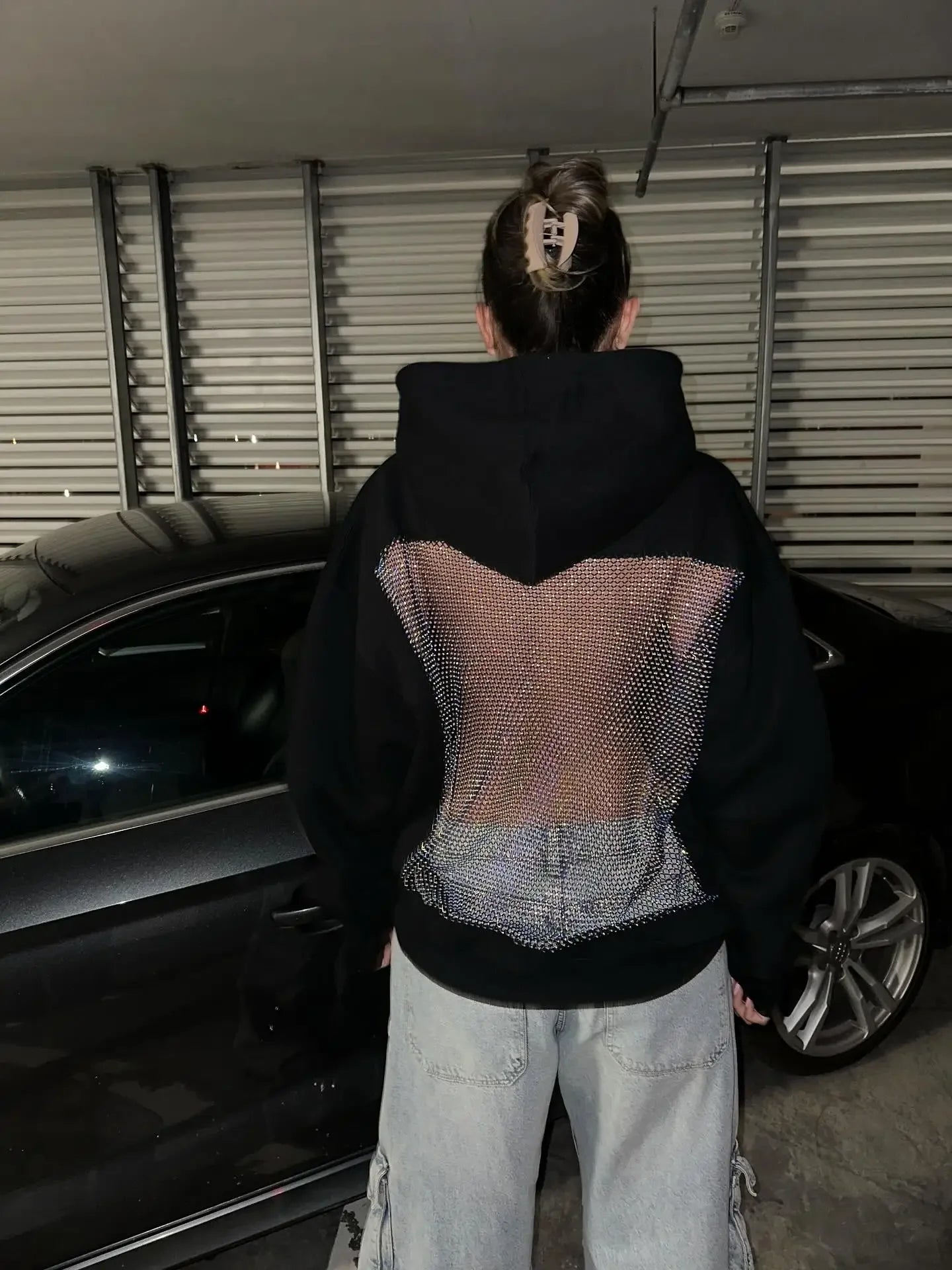 Hot Sweet Sparkling Rhinestone Mesh Transparent Hoodie Y2K Womens Fashion Sexy Backless Oversized Hoodie Casual Pullover Tops