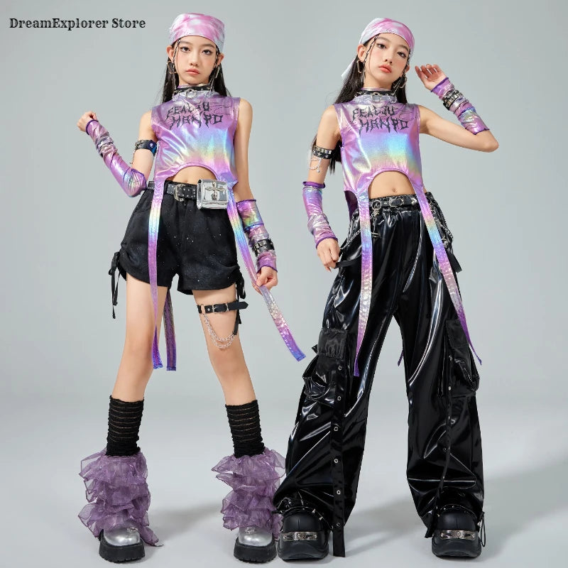 Girls Hip Hop Shiny Crop Top Silver Cargo Pants Kids K-pop Jazz Stree Dance Clothes Sets Children Streetwear Girl Group Costume