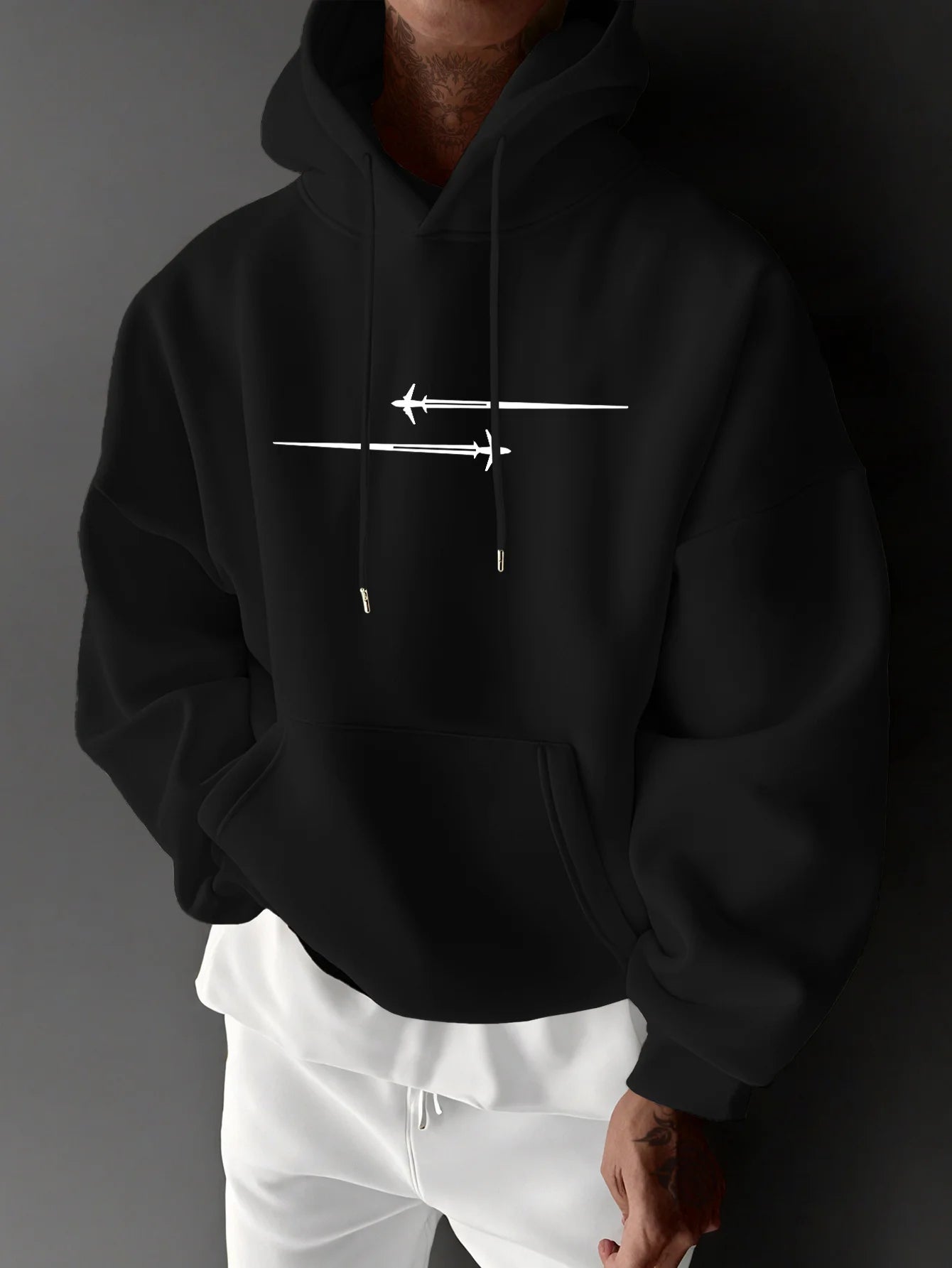 Men's top men's long sleeved round neck loose plus size autumn and winter hooded sweatshirt T-shirt top