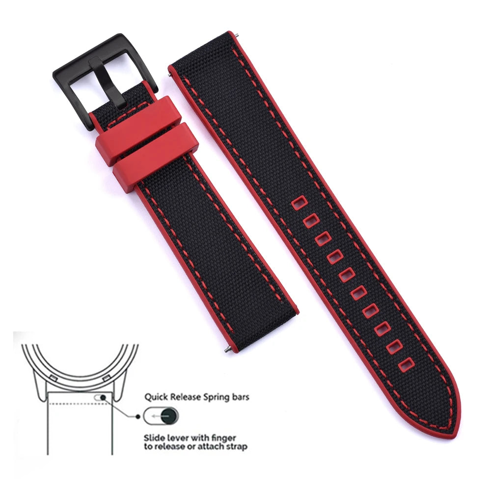 High Quality FKM Canvas Watch Strap 20mm 22mm Hybrid Fluoro Rubber Nylon Watchbands Quick Release For Each Brand Diving Watches