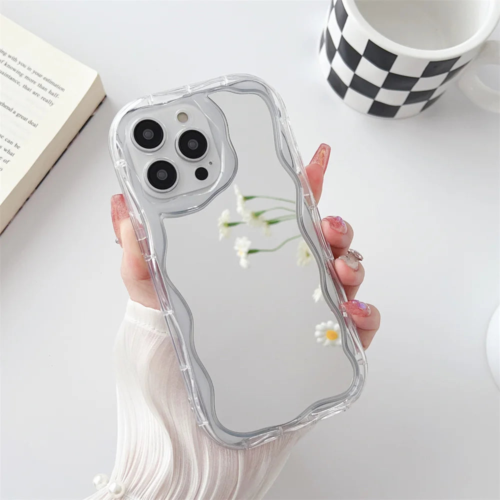 Luxury Curly Wave Makeup Mirror Case For iphone 15 14 Plus 11 12 13 Pro Max Mini XR XS Max 7 8Plus Clear Mirror Shockproof Cover