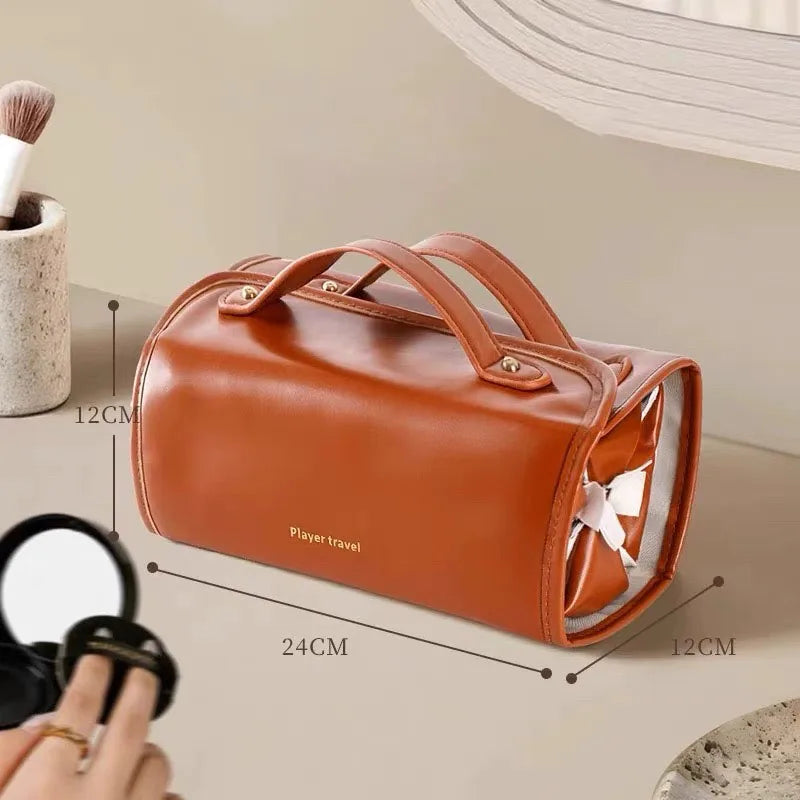 Foldable Leather Travel Cosmetic Bag Large Capacity Portable Women Makeup Case Waterproof Toiletry Makeup Organizer Storage Bag