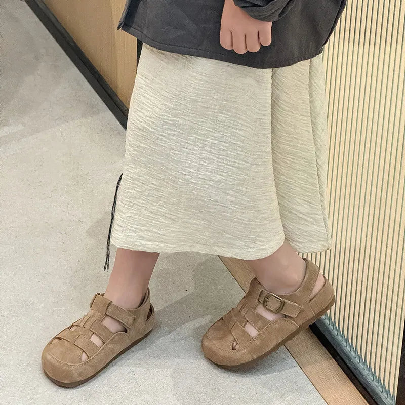 Children' Simple Elegant Baotou Sandals 2026 Summer New Product Genuine Leather Casual Comfortable Single Shoes Boys Girls Suede