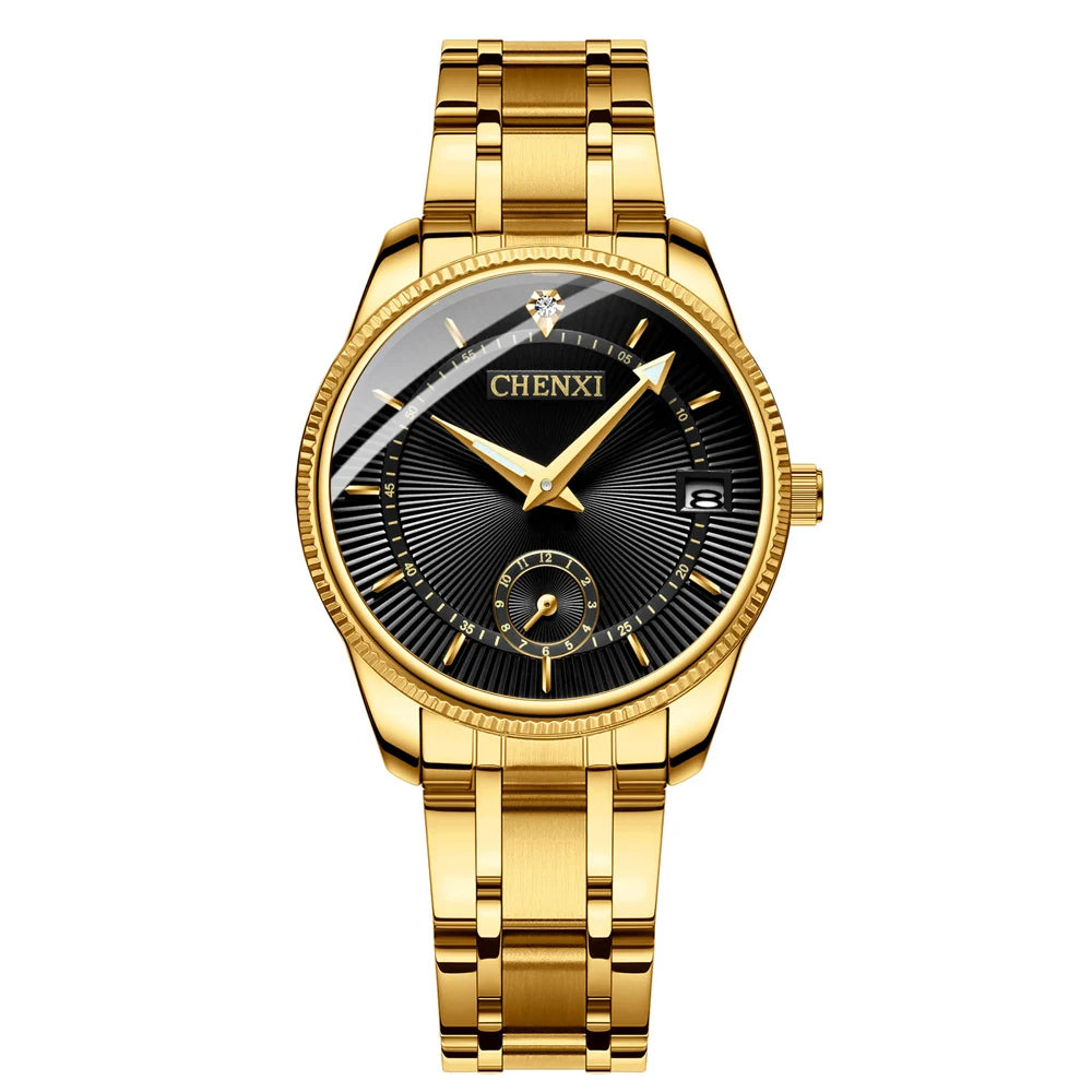 CHENXI Fashion Couple Golden Watches Casual Men and Women Quartz Watch Stainless Steel Luminous Calendar Waterproof Wristwatch