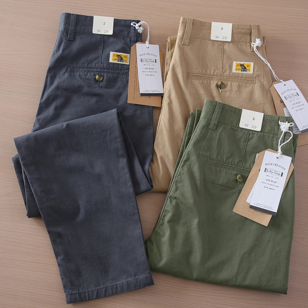 2025 Spring and Summer New Japanese Retro Thin Cargo Pants Men's Simple 100% Cotton Washed Commute Casual Straight Trousers