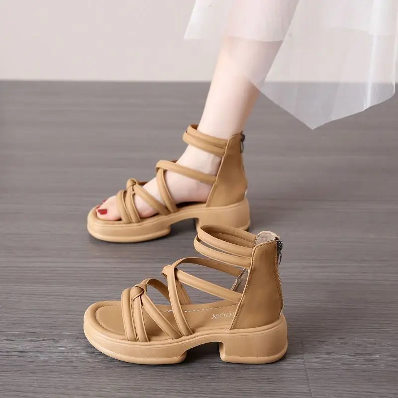 Thick Heel Women Sandals Women's New Hollow Open Toe Shoes Fashion Casual Sandals Female Designer Flat Roman Shoes Summer 2025