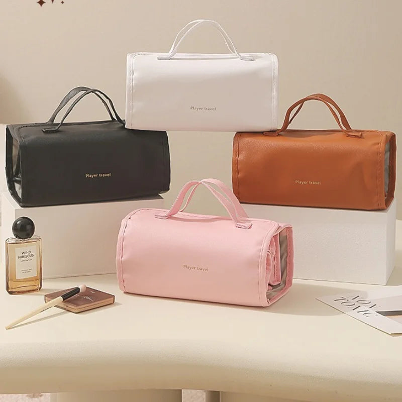 Foldable Leather Travel Cosmetic Bag Large Capacity Portable Women Makeup Case Waterproof Toiletry Makeup Organizer Storage Bag