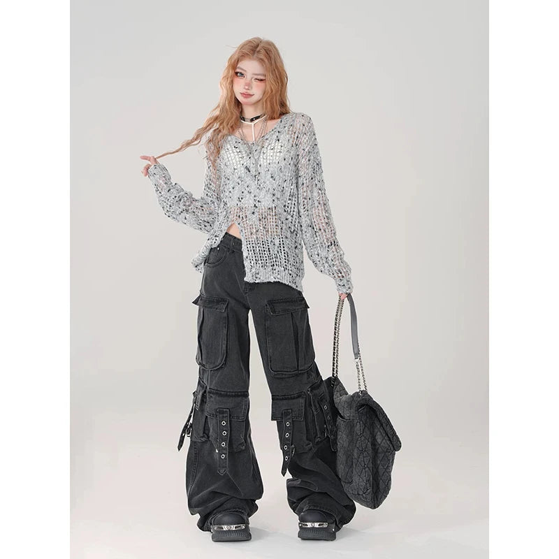 Women Y2k Japanese Streetwear Design Cargo Pants Denim Pants Long Trousers American Vintage Gyaru 2000s Aesthetic Grunge Jeans