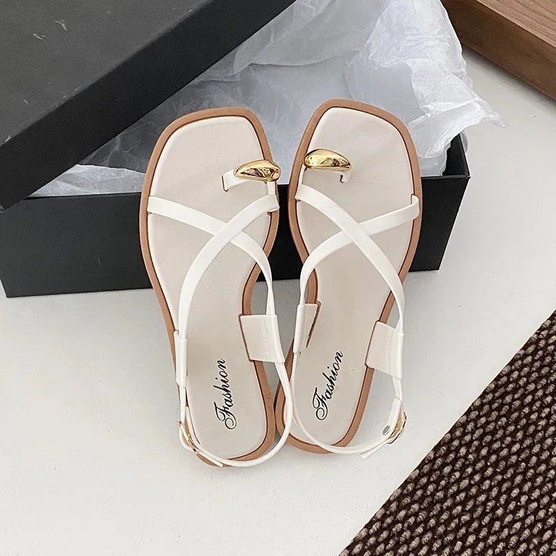 2024 New Women's Summer Outdoor Wear French Style Flat Bottom Sandals High Quality PVC Material Adults Roman Style Slippers