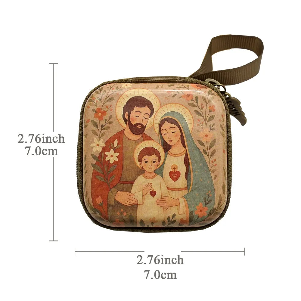 Portable Virgin Mary Prayer Rosary Storage Bag 7x7cm Zippered Religious Articles Cartoon Elegant Prayer Kit Devotees