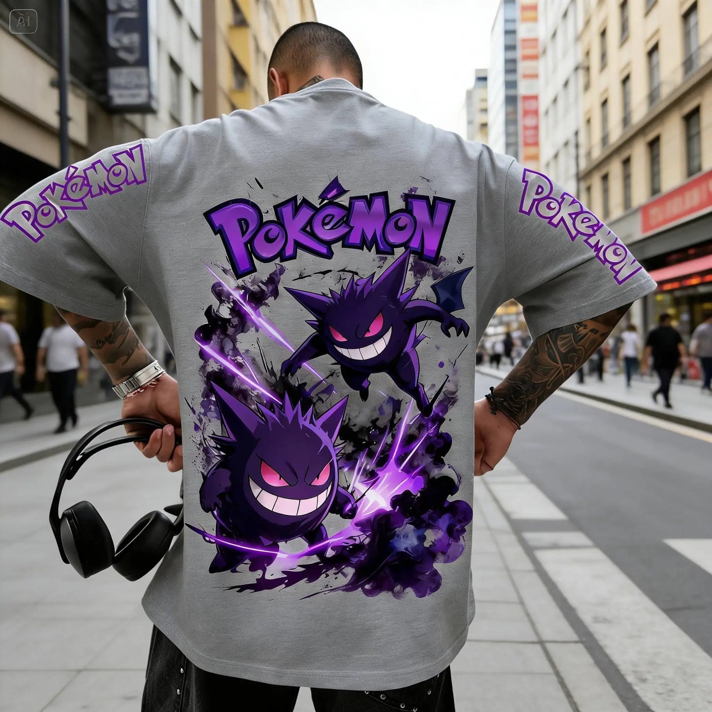Men's T Shirt Sports T Shirt Short Sleeve T Shirt Purple Gengar Back Print Red Eyes Sharp Teeth with Smoke Sleeve Patterns