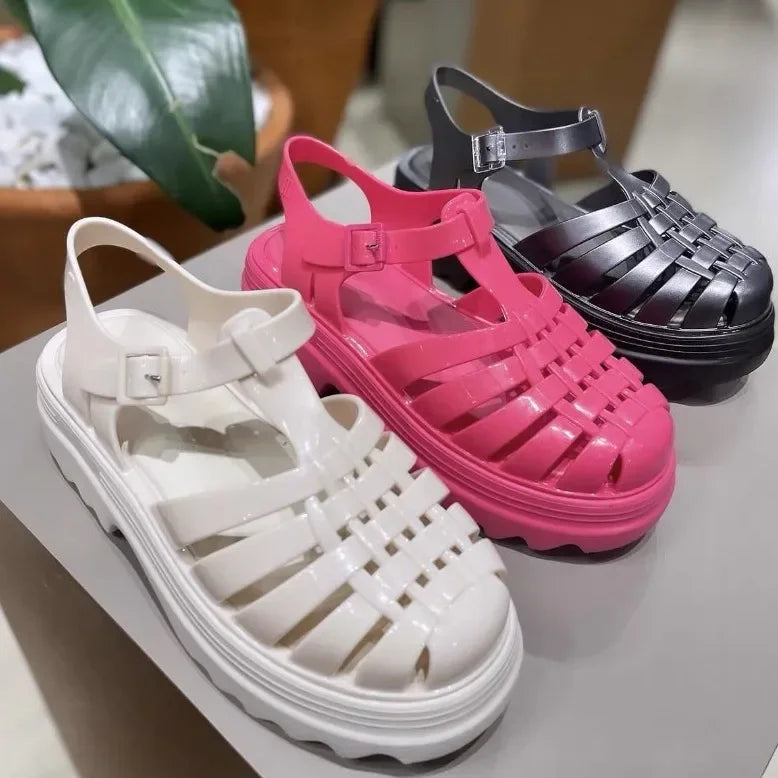 Melissa 2025 Summer Women's Sandals Thick Bottom Jelly Shoes Woven Roman Style Hollow out Design Comfortable PVC Material