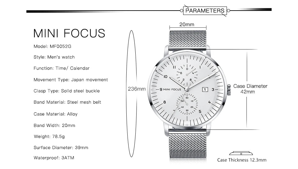 MINI FOCUS Luxury Waterproof Mens Watches Calendar Window Silver Business Quartz Watch Stainless Steel Strap Luminous Hands 0052