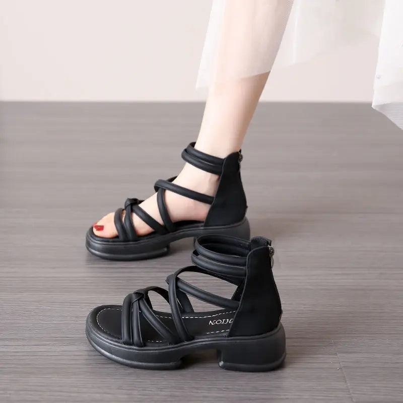 Thick Heel Women Sandals Women's New Hollow Open Toe Shoes Fashion Casual Sandals Female Designer Flat Roman Shoes Summer 2025