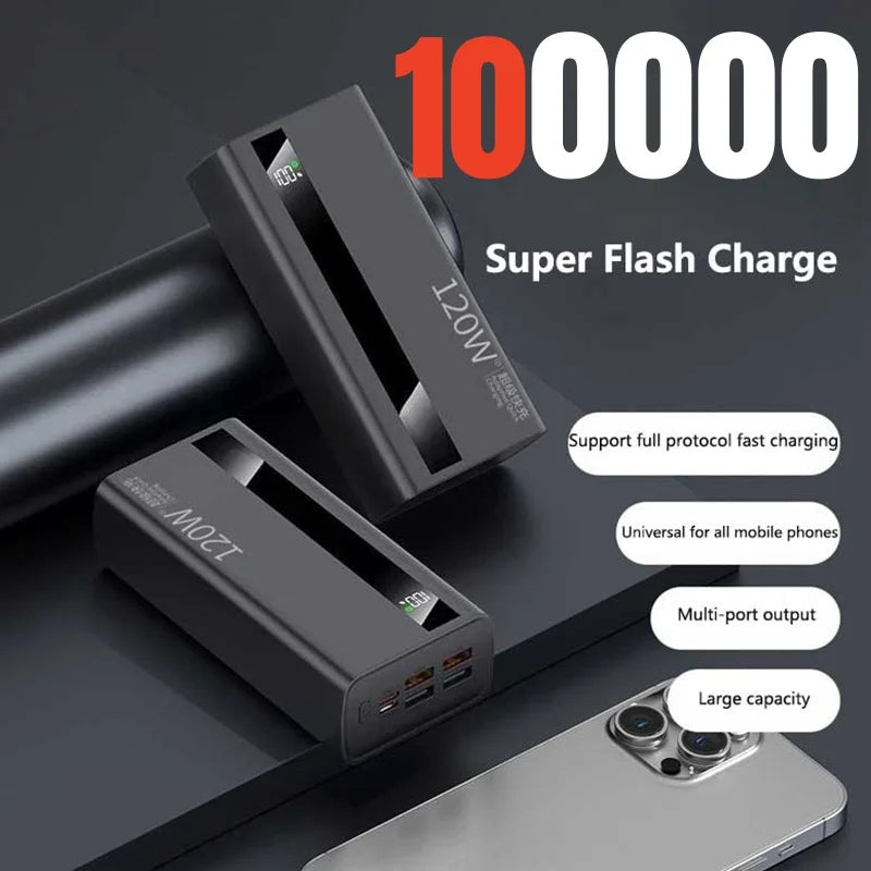 6IN1 100000mAh 120W Fast Charging Large-capacity Power Bank Digital Display Mobile Power Bank for Xiaomi Huawei iPhone 17Promax