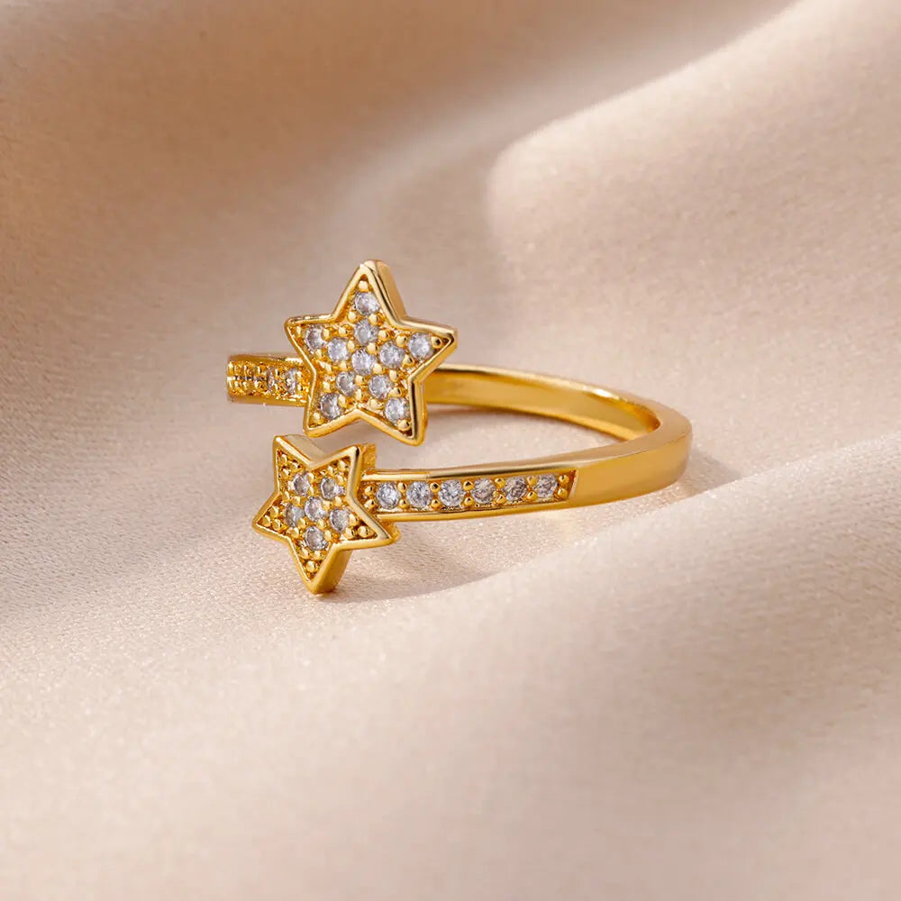 Zircon Double Star Rings For Women Gold Color Stainless Steel Opening Stars Finger Ring Wedding Party Aesthetic Jewelry Gift