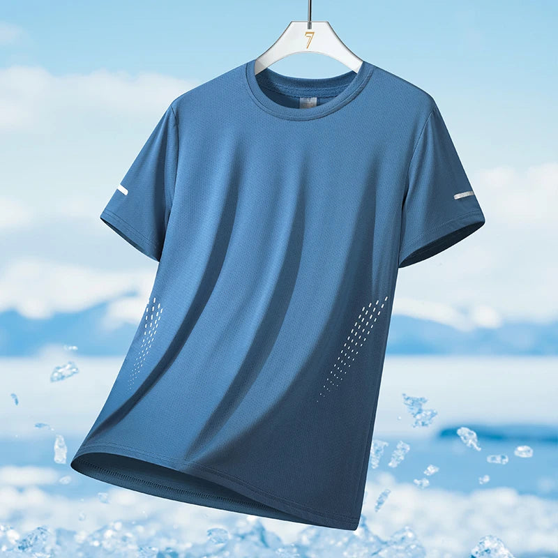 Summer Mesh Sports T-Shirt Men Quick-Drying Breathable Loose Ice Silk Short Sleeves Men Jogging Hiking Round Neck Sports T-shirt