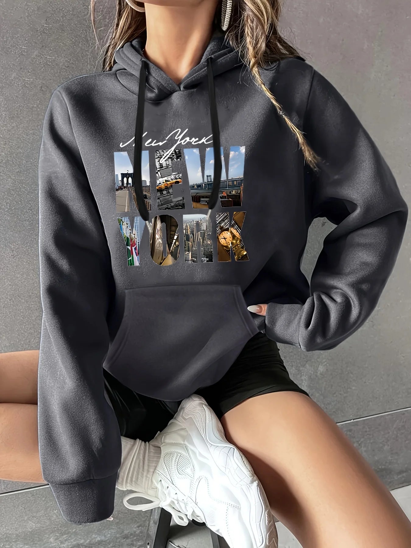 Women's autumn and winter warm and loose casual NOPE not today printed suede long sleeved hooded sweatshirt