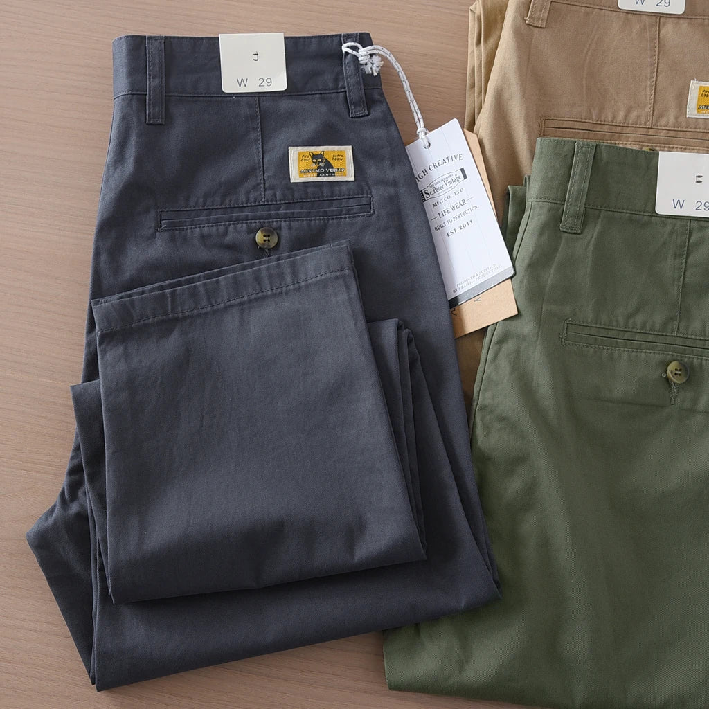 2025 Spring and Summer New Japanese Retro Thin Cargo Pants Men's Simple 100% Cotton Washed Commute Casual Straight Trousers
