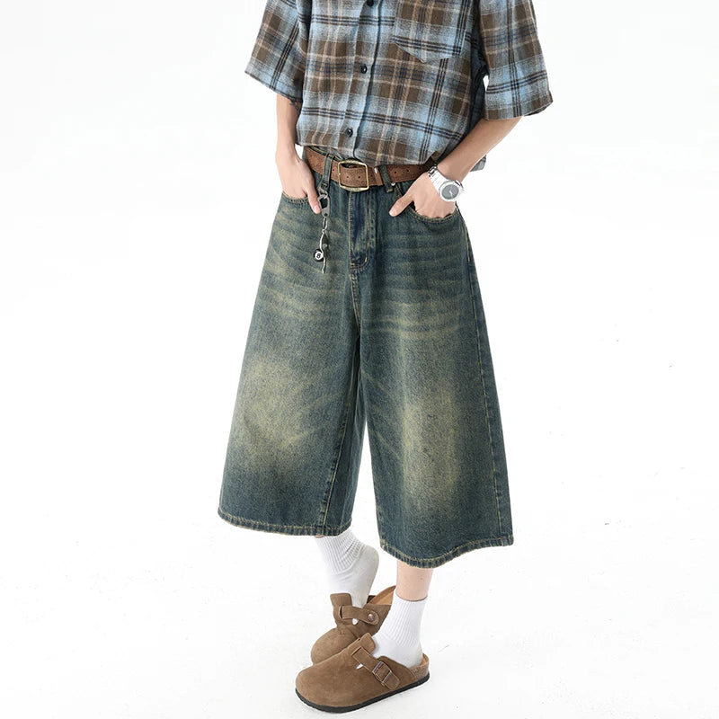 Multi-pockets Cargo Pants Summer Short Jeans Breeches Hip Hop Streetwear Baggy Denim Shorts Casual Wide-leg Capris Pants 5XL-M