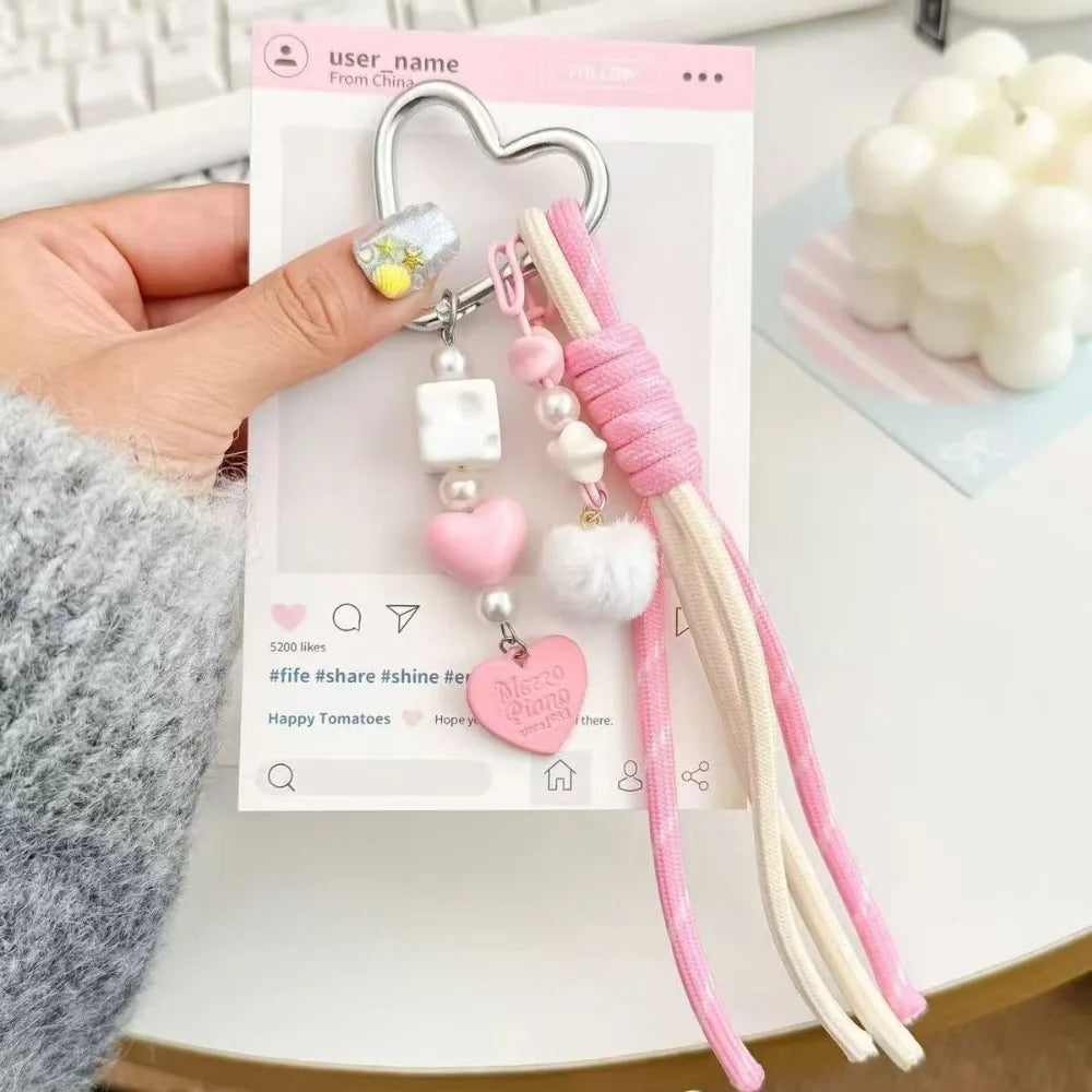 Trendy Heart Ball Keychain Colorful DIY Charm Braided Rope Keychain Gift Woven Rope Love Keychain Bag