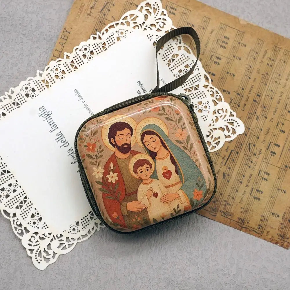 Portable Virgin Mary Prayer Rosary Storage Bag 7x7cm Zippered Religious Articles Cartoon Elegant Prayer Kit Devotees