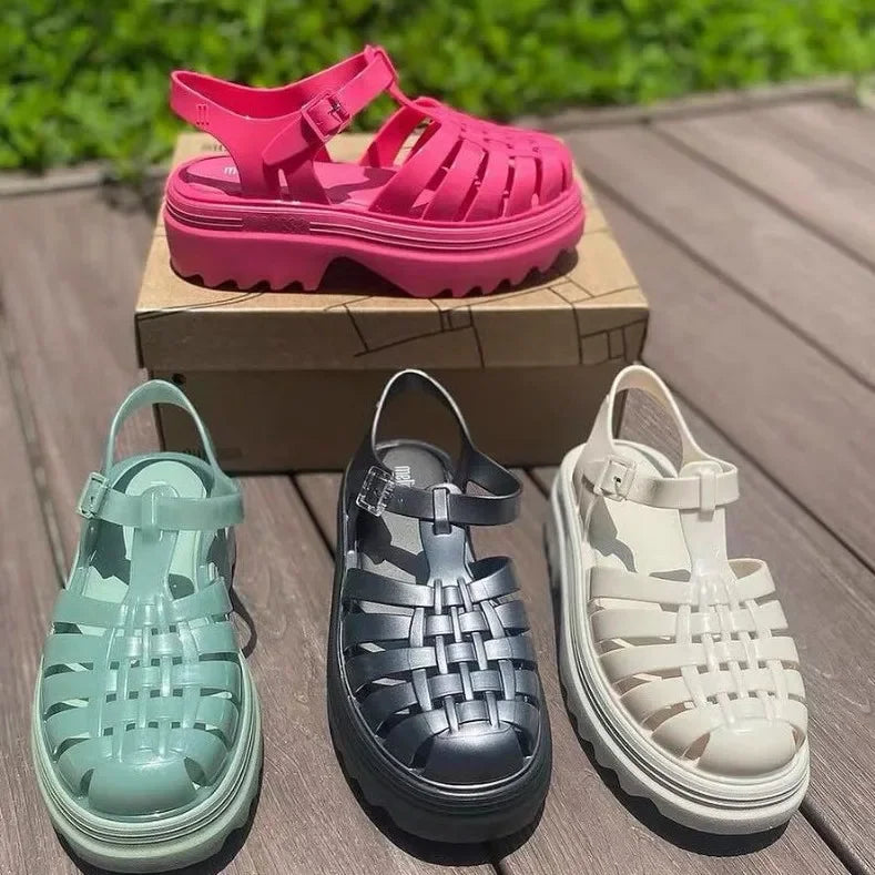 Melissa 2025 Summer Women's Sandals Thick Bottom Jelly Shoes Woven Roman Style Hollow out Design Comfortable PVC Material