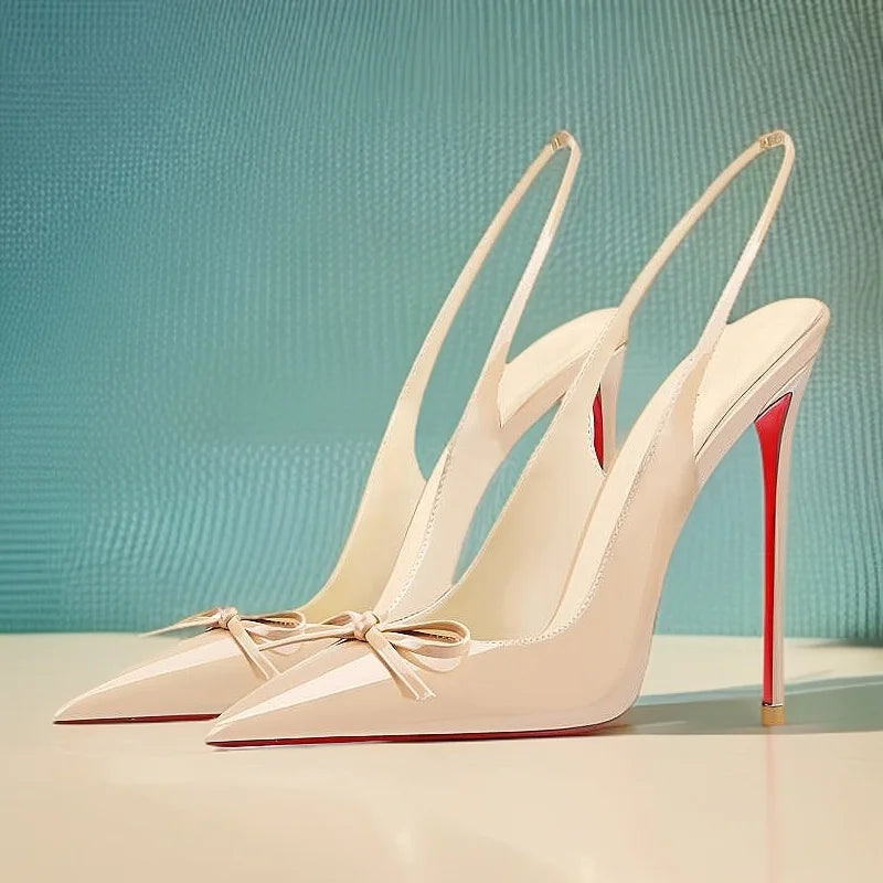 2025new black nude wine red patent leather pointed small bow back empty style plus size red bottom socialite high-heeled sandals