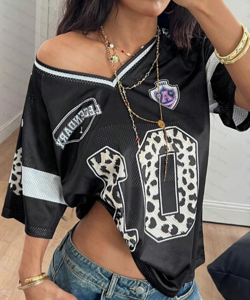 Women's Numeric Print Short Sleeve Mesh Colorblock Loose Fit Sports T-Shirt Spring Summer Graphic Tees Women Sexy Sports Tops