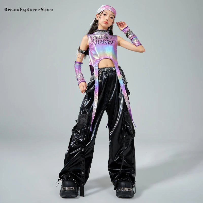 Girls Hip Hop Shiny Crop Top Silver Cargo Pants Kids K-pop Jazz Stree Dance Clothes Sets Children Streetwear Girl Group Costume