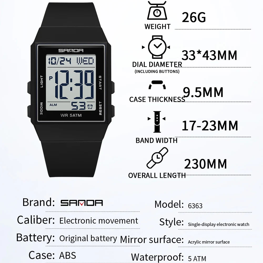 SANDA Woman Fashion Watches Fashion Sports Watch Silicone Strap 3ATM Waterproof Time Display Women's LED Digital Watch Gift
