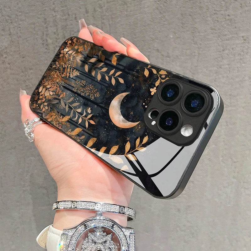 Minimalist Grass Jungle Moon Pattern Tempered Glass Phone Case For iPhone 16 15 14 13 12 11 17 Pro Max 16E 7 Plus XR XS X Cover
