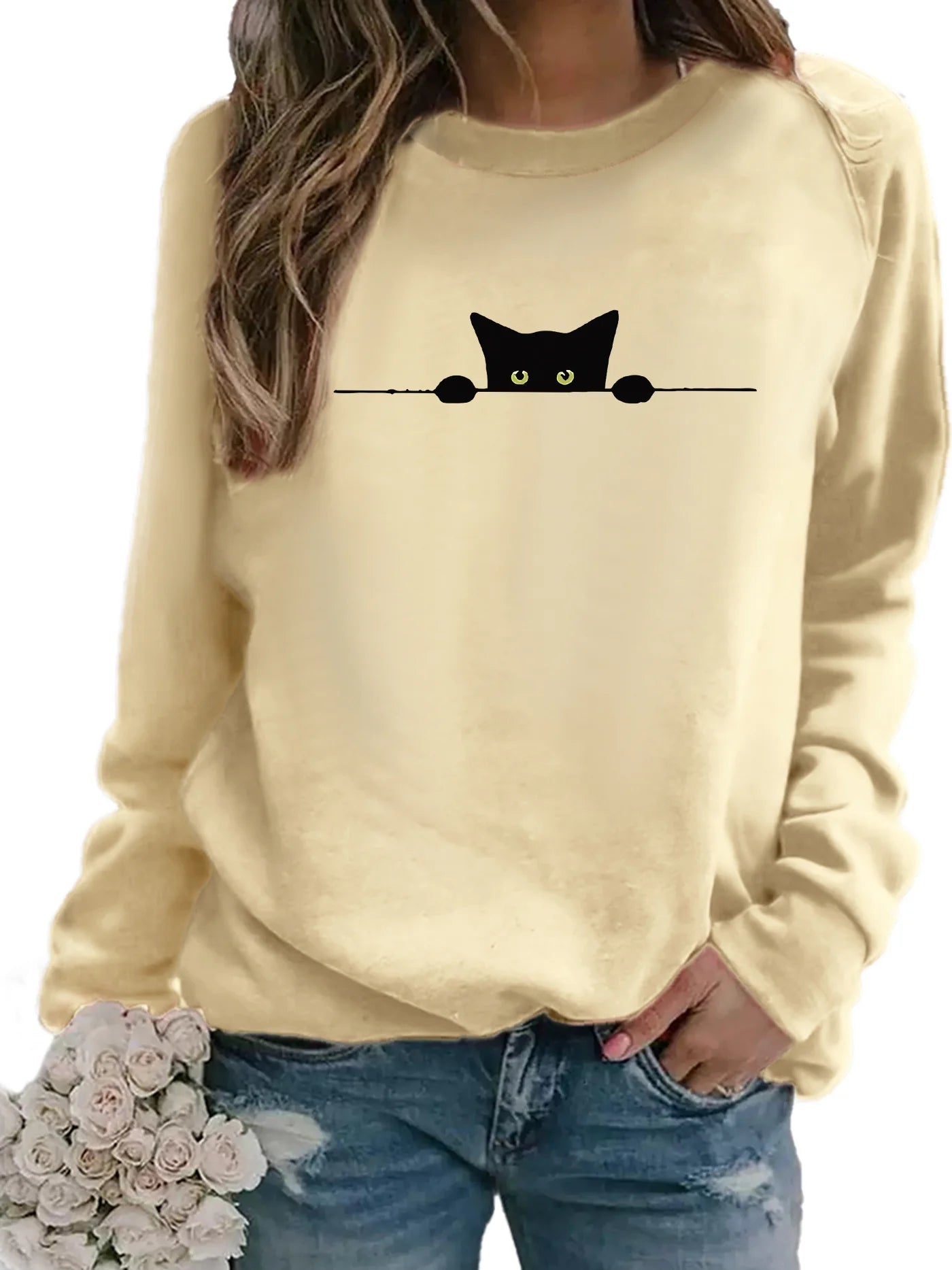 Women's Casual Blackcat Print Pullover Sweatshirt Geometric Design Long Sleeve Round Neck Machine Washable Regular Fit for Autum