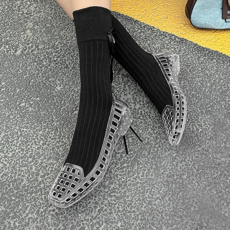 2025 women's new jelly shoes shallow mouth sandals, PVC outdoor casual square toe sandals, lazy people step on them sandals