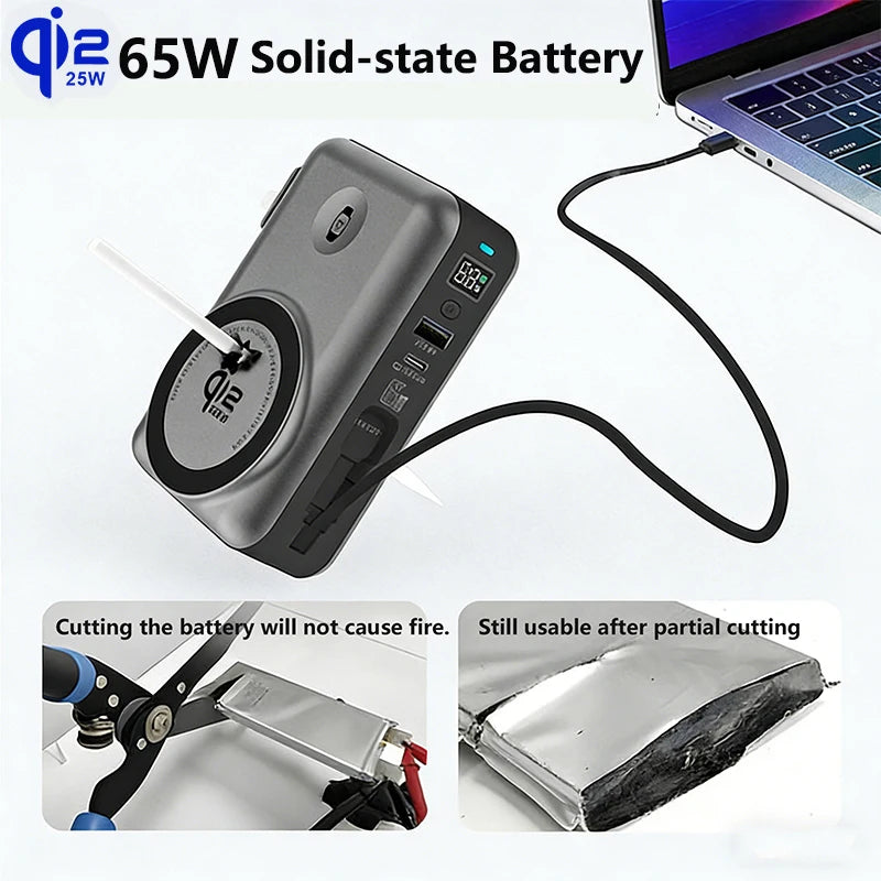 Solid-state Battery 65W GaN USB C Charger Power Bank Qi2.2 25W Magnetic Wireless Fast Charger for iPhone iWatch Laptop Powerbank
