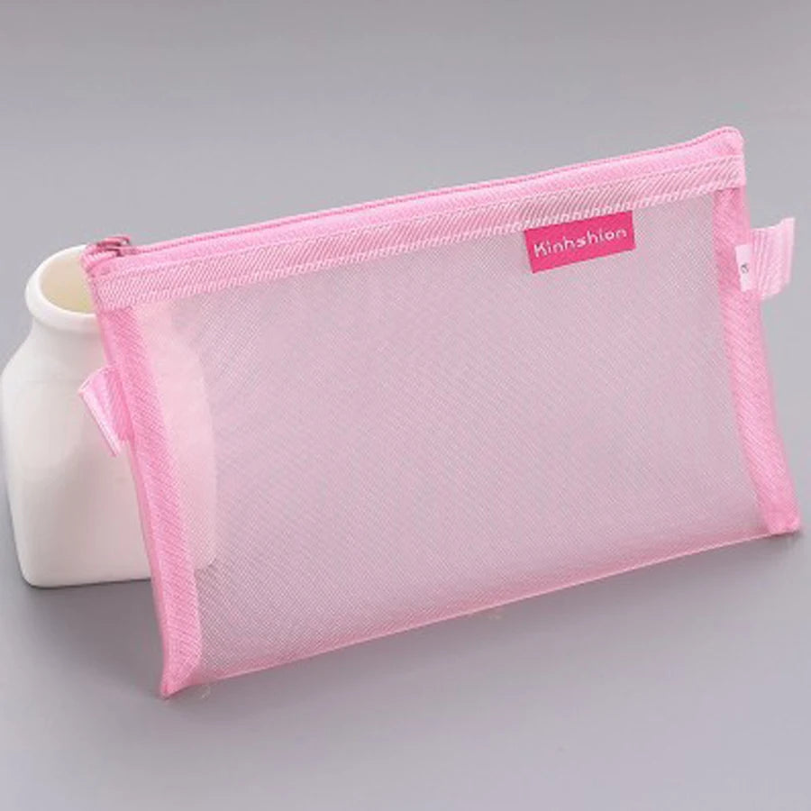 Solid Color Coin Purse Makeup Handbags Stationery Transparent Grid Cosmetic Storage Mesh Pen Bag Zipper Pencil Case