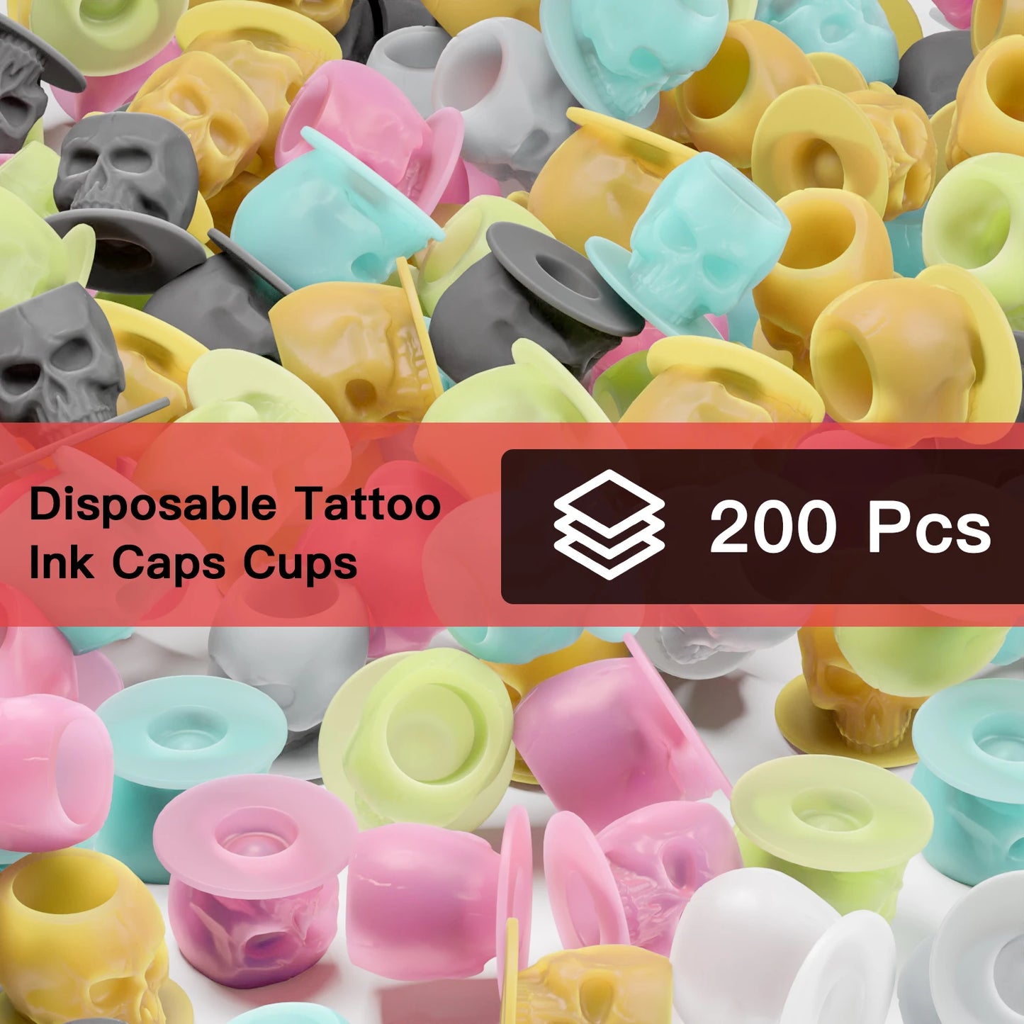 200Pcs Disposable Tattoo Silicone Skull Ink Cup Permanent Makeup Pigment Holder Container Cap Tattoo Ink Accessories for Artist
