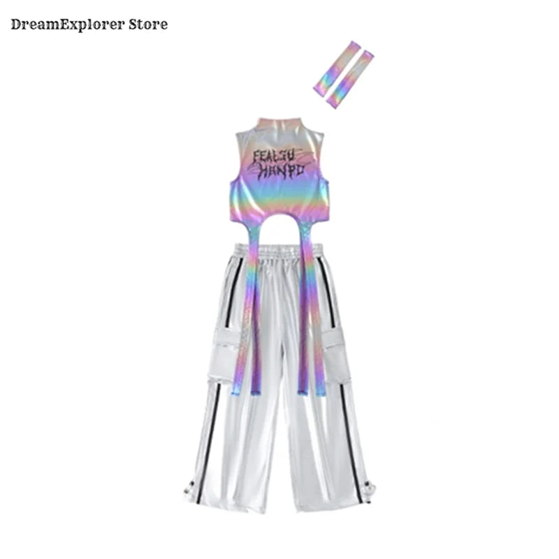 Girls Hip Hop Shiny Crop Top Silver Cargo Pants Kids K-pop Jazz Stree Dance Clothes Sets Children Streetwear Girl Group Costume