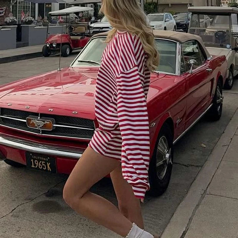 Combhasaki Women 2Piece Striped Y2k Outfits Set Casual Long Sleeve Crew Neck Shirt Tops+Elastic Waist Wide Leg Shorts Tracksuits