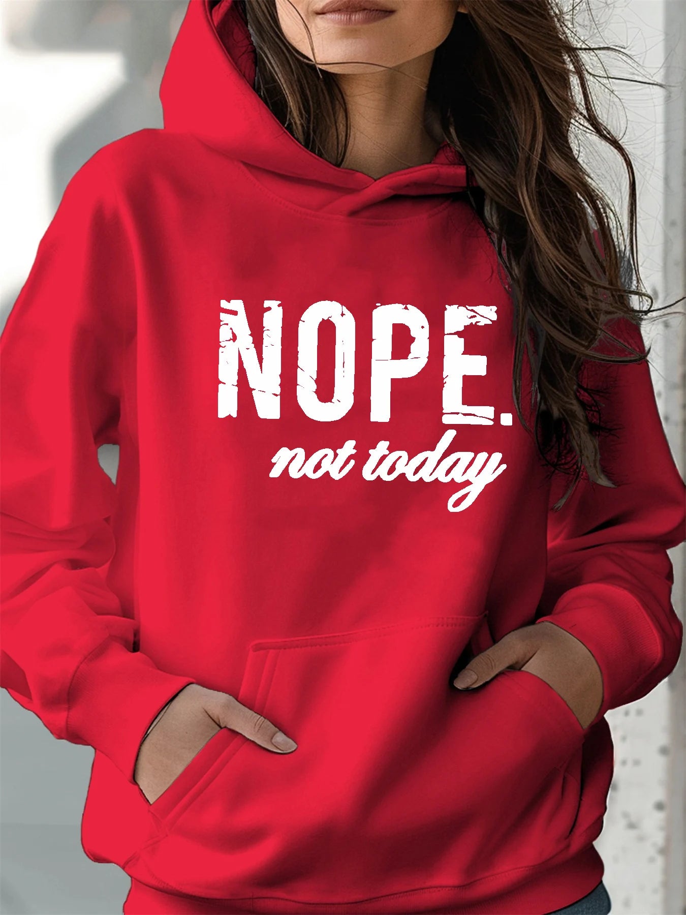 Women's autumn and winter warm and loose casual NOPE not today printed suede long sleeved hooded sweatshirt