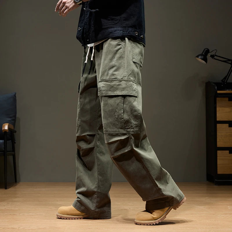 Baggy Wide-leg Cargo Pants Men's 100% Cotton Multi-pocket Splicing Outdoor Loose Straight Autumn Trousers Fashion Streetwear