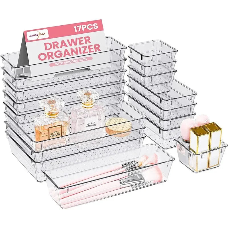 Clear Plastic Drawer Organizers 4 Sizes Makeup storage Bins Home Dresser Office Kitchen Drawer Separator sundries Organization