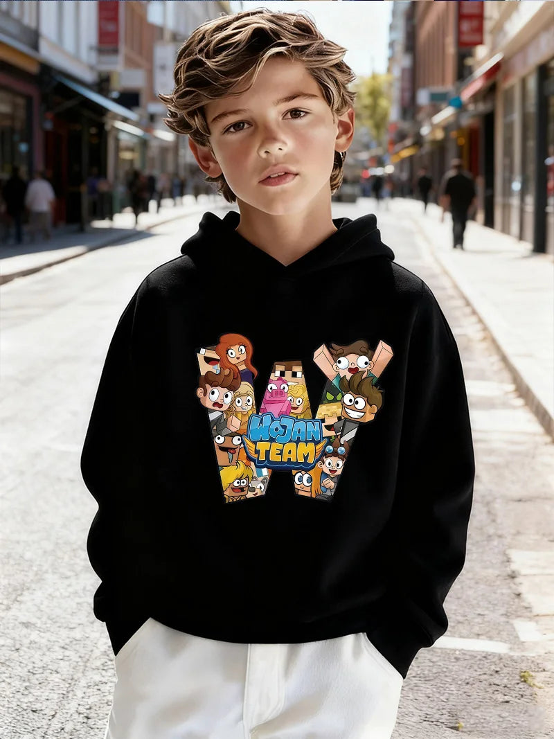 2026Kids'Wojan team character pattern children's hooded sweatshirt, suitable for daily wear in autumn and winter