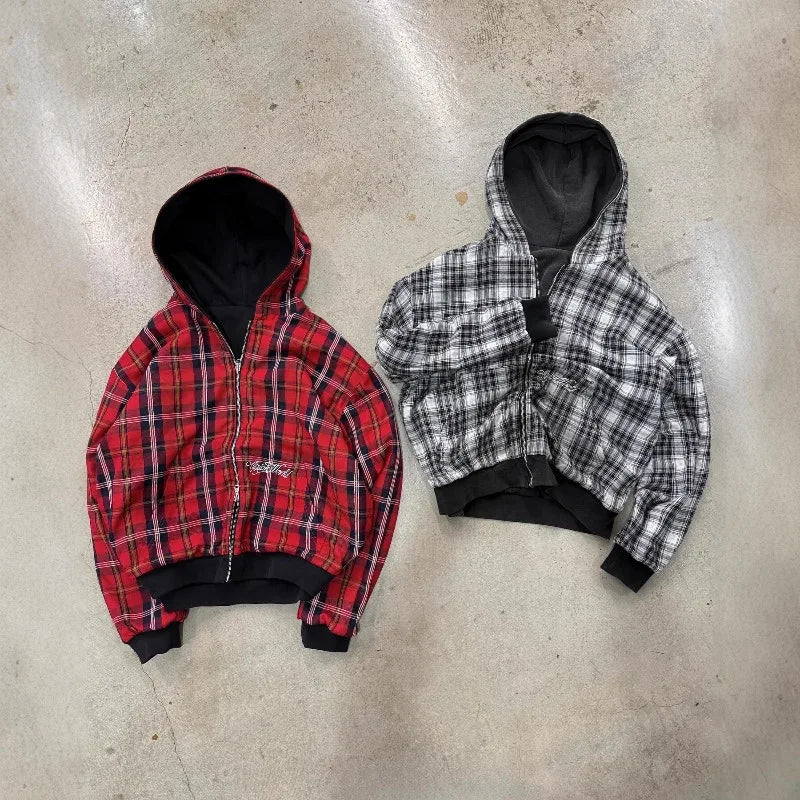 Harajuku Y2K Men's Hoodie Tracksuit Autumn Winter Two-Way Wear Plaid Zip Up Sweatshirt Casual Streetwear Retro Fashion New Style