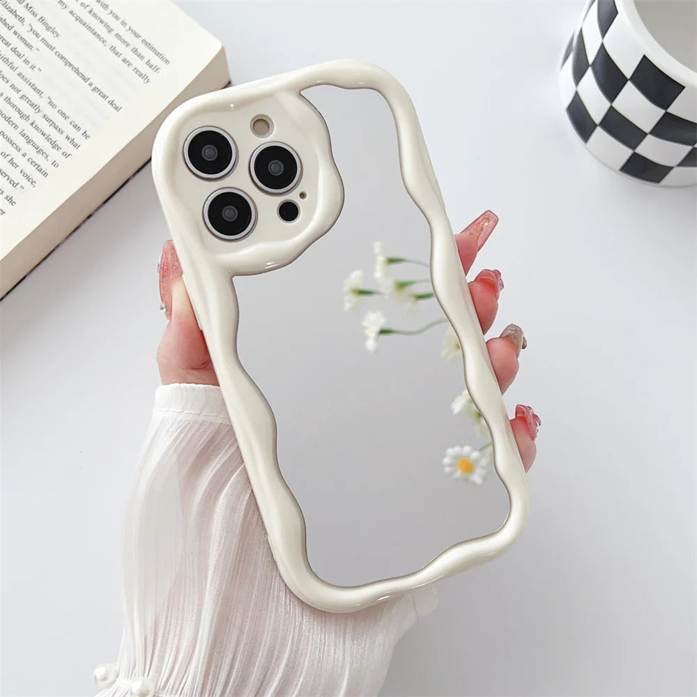 Luxury Curly Wave Makeup Mirror Case For iphone 15 14 Plus 11 12 13 Pro Max Mini XR XS Max 7 8Plus Clear Mirror Shockproof Cover