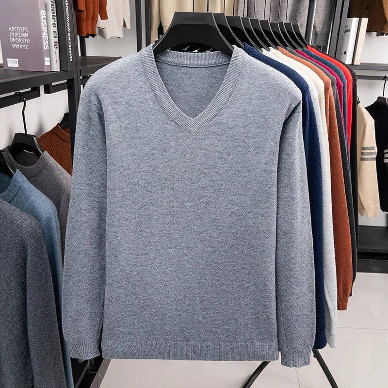 2026 Men's V-Neck Basic Solid Color Sweatshirt Warm Autumn Knitted Oversize Pullover Elastic round Neck Sweater for Casual Wear