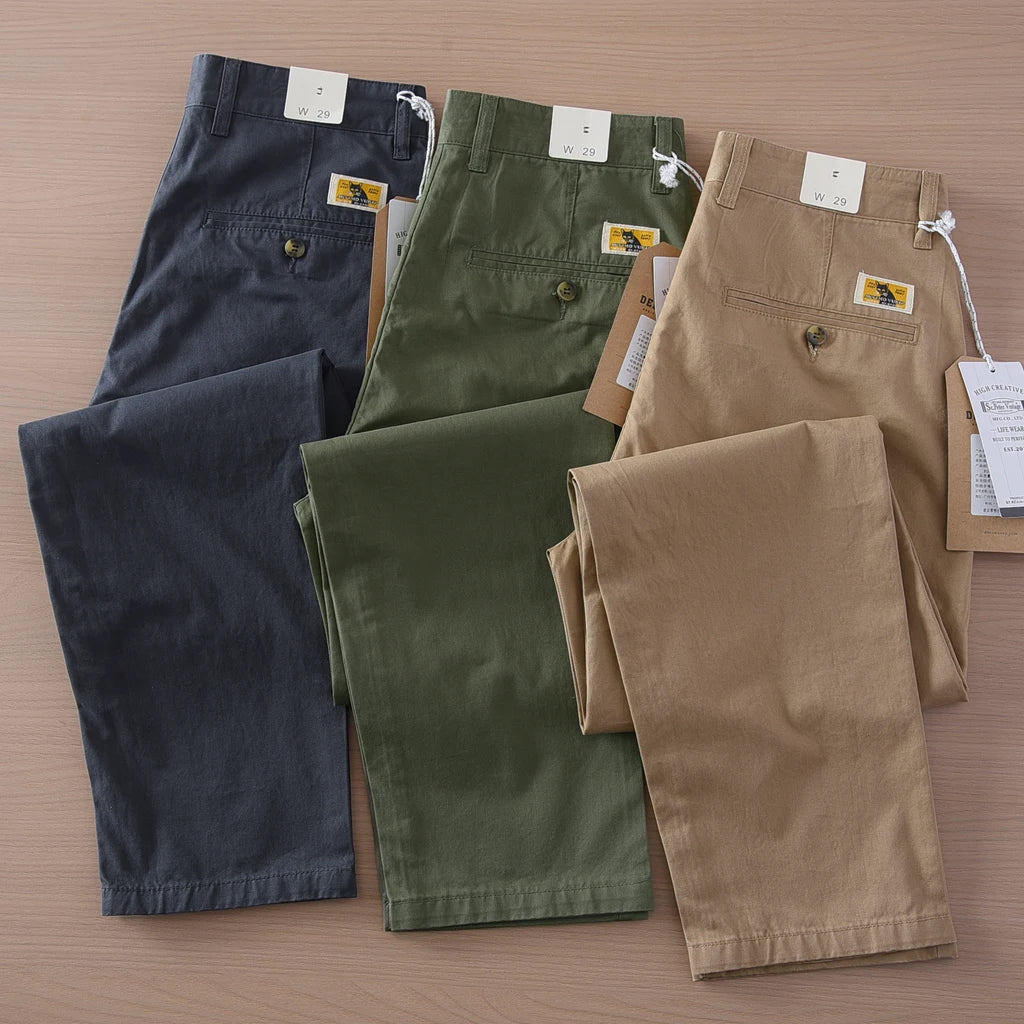 2025 Spring and Summer New Japanese Retro Thin Cargo Pants Men's Simple 100% Cotton Washed Commute Casual Straight Trousers