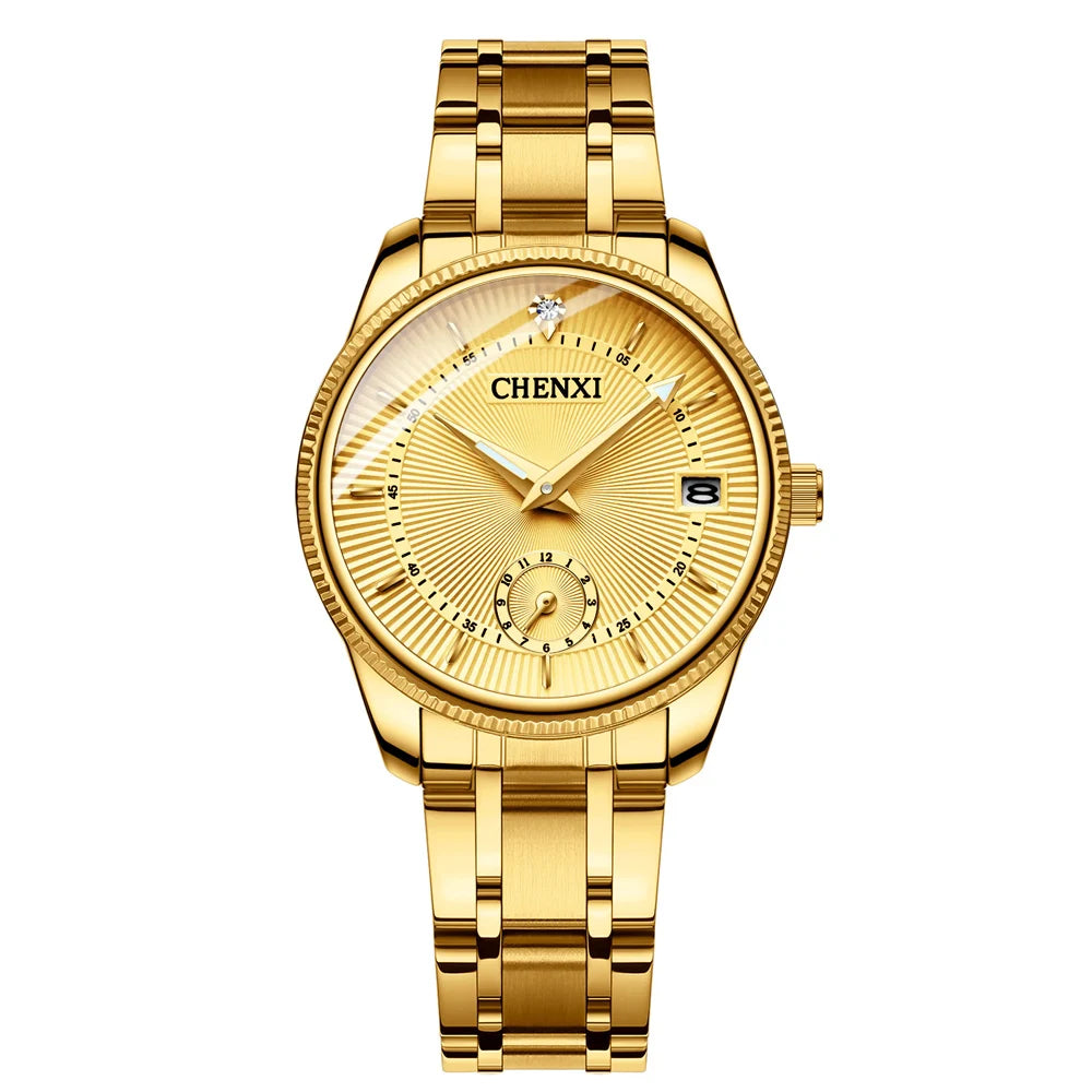 CHENXI Fashion Couple Golden Watches Casual Men and Women Quartz Watch Stainless Steel Luminous Calendar Waterproof Wristwatch